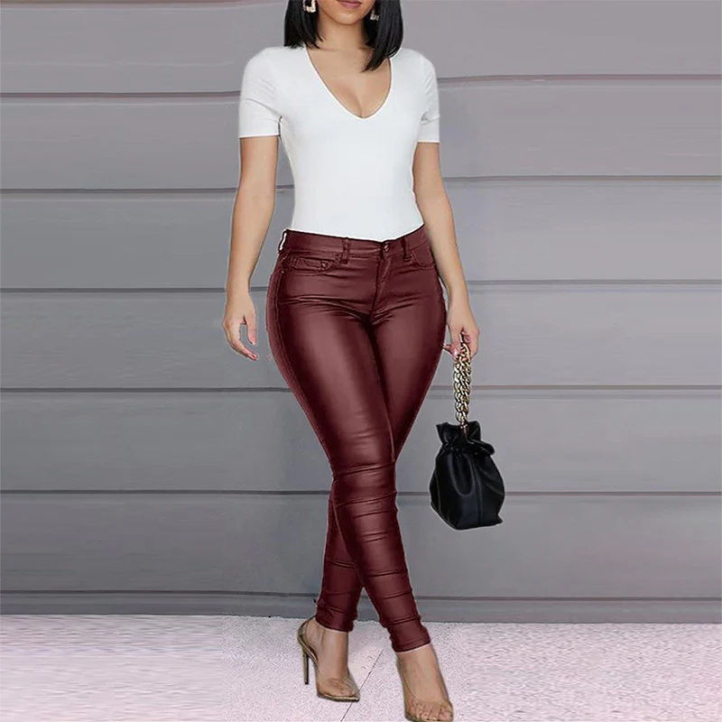 New Fashion Sexy High Waist Casual Pants Women'S Pu Leather Pants